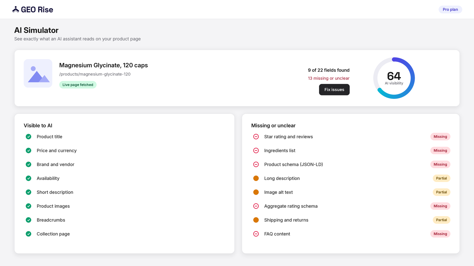 GEO Rise AI simulator view showing which product page fields an assistant can read.